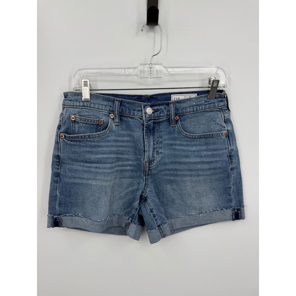 Gap 5" Girlfriend Short Women 27/4 Medium Indigo Mid Rise Denim Cuffed Raw Hem